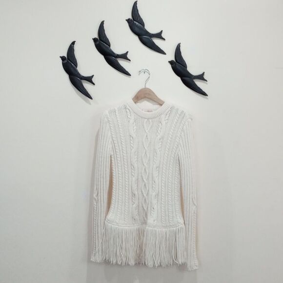 Tory Burch Ivory Valero Fringe Hem Cable Knit Merino Blend Sweater - S/P - Picture 5 of 13